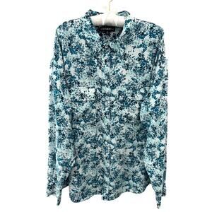 NYDJ | Blue Silk Abstract Floral Button Front Long Sleeve Blouse Top | XL